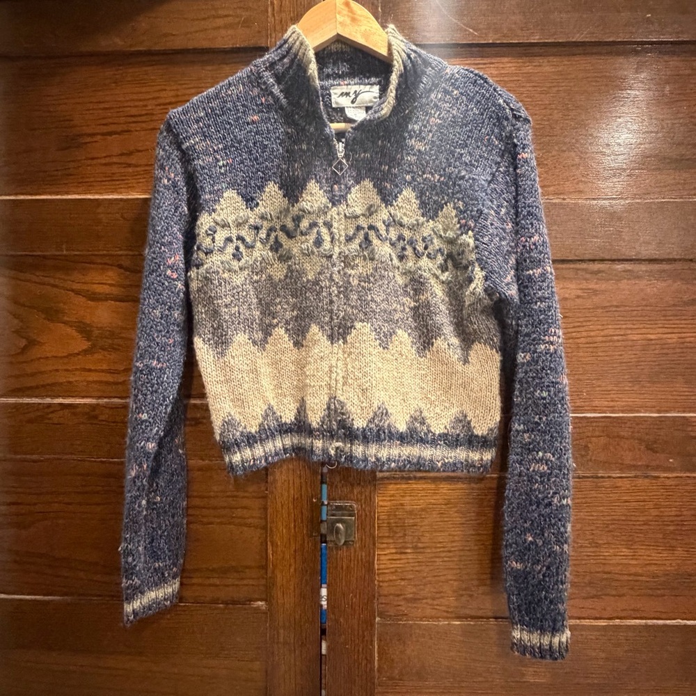 MY medium wool blend cropped full zip cardigan Knit Sweater cowichan fair isles